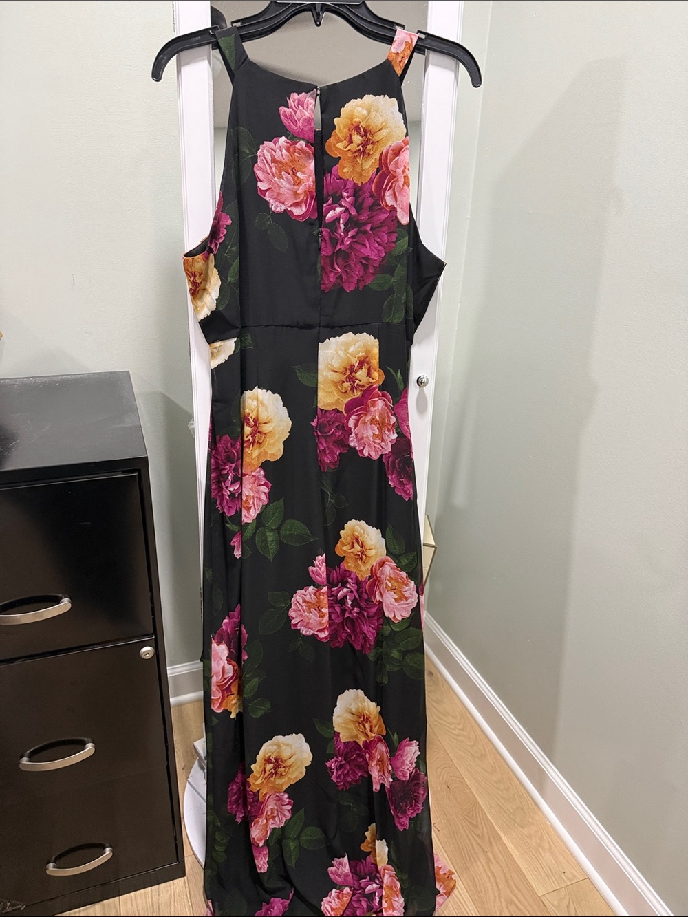 Floral Halter Maxi Dress- Black with Pink & Yellow Blooms - Picture 3 of 5